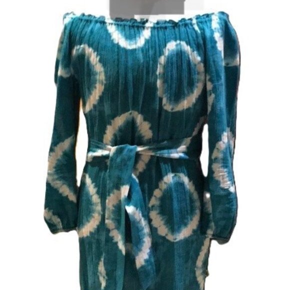 MICHAEL KORS Blue/White On/Off Shoulder Cotton Tie Dye Dress w/Belt  NWT  $140 - Picture 6 of 8